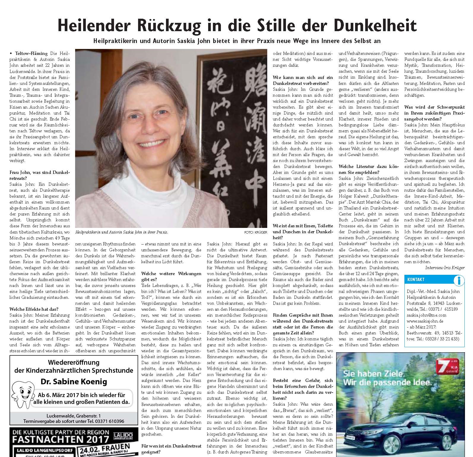Heilender Rückzug in die Stille der Dunkelheit - Wochenspiegel Interview Saskia John 11.2.2017